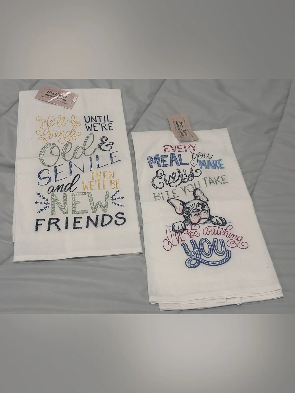 2 Embroidered Kitchen Towels - White with Multicolor Design NEW WITH TAGS